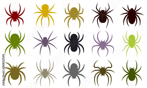 Set of Stylized Spiders, Collection of Fifteen Abstract Silhouettes in Muted Tones, Representing Halloween, Fear, Pest Control, and Digital Icons