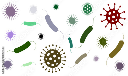 Set of Stylized Microorganisms, Abstract Collection of Bacteria and Viruses in Various Shapes and Colors, Representing Microbiology, Infection, and Disease Spread
