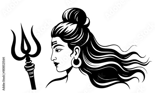 Lord Shiva Portrait with Trishula, Traditional Black and White Line Art Illustration of the Hindu God, Representing Meditation, Power, and Cosmic Energy