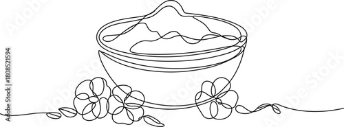 Single line drawing of a bowl with flowers continuous line