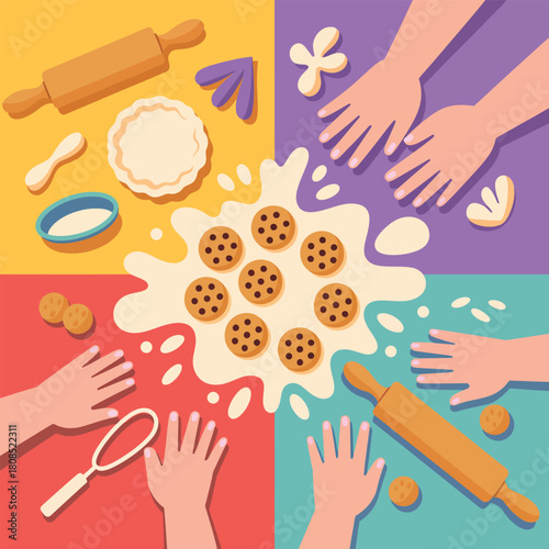 Overhead view of hands preparing cookies with rolling pins and dough baking