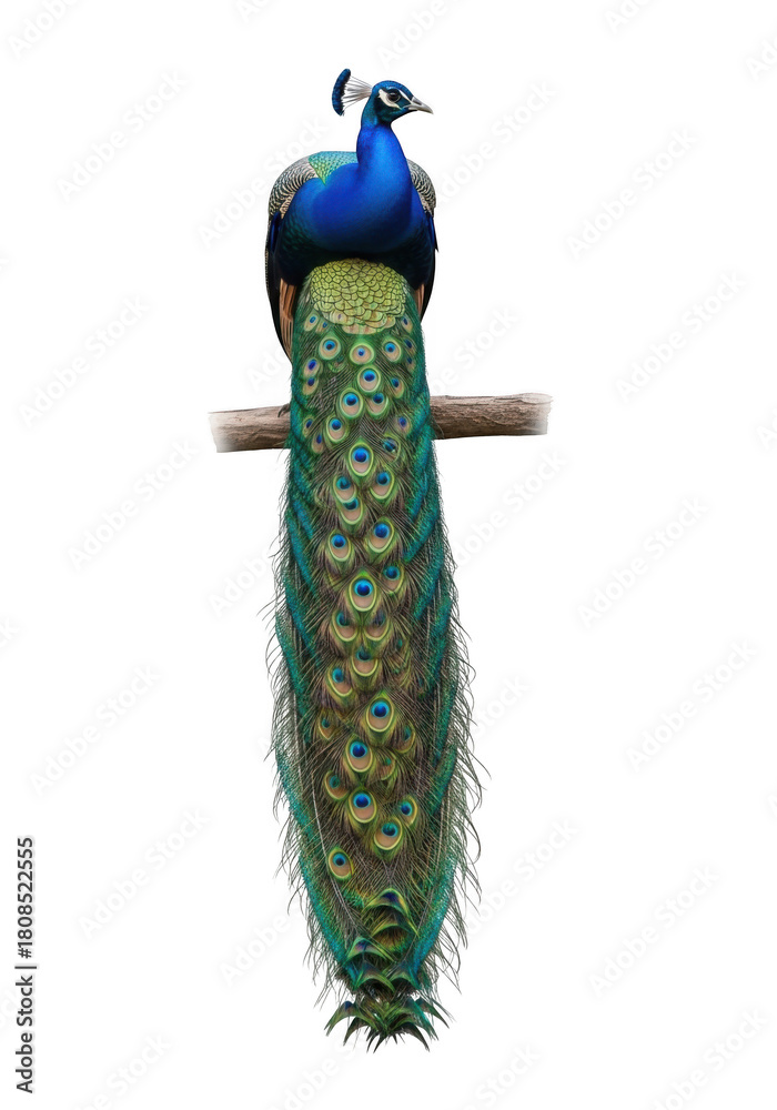 Obraz premium Stunning peacock perched on branch with vibrant feathers detailed plumage bird image stock photo isolated on transparent background