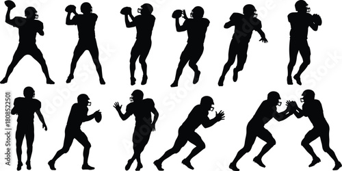 Set of black silhouettes of American football players running, throwing, and tackling, sport vector illustration, isolated on white background.
