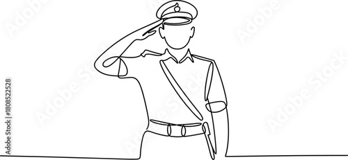 Single line drawing of a police officer saluting salute