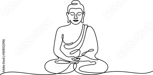 Single line drawing of Buddha meditating in lotus pose