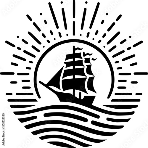 Nautical Sunset: Silhouette of a sailing ship gracefully navigating the vast ocean waters, the sun casts its golden rays and the waves gently ripple.