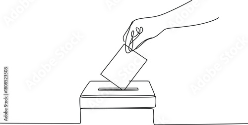 Hand dropping ballot into ballot box line art voting