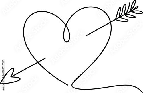 Black line art heart pierced by arrow with fletching