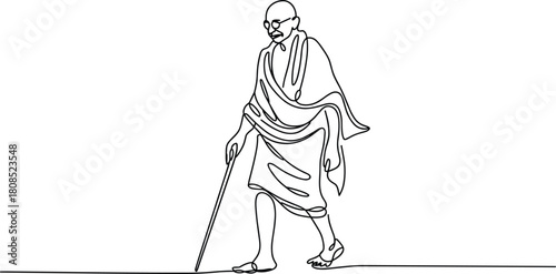 Mahatma Gandhi walking with a cane one line drawing