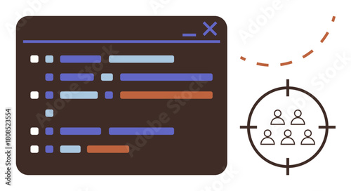 Coding window displaying lines of code paired with group targeting symbol for analyzing trends and audience interaction. Ideal for software, marketing, data analysis, user focus, strategy