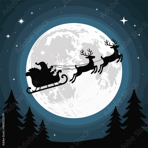 Silhouette of Santa Claus sleigh pulled by reindeer against a large full moon night