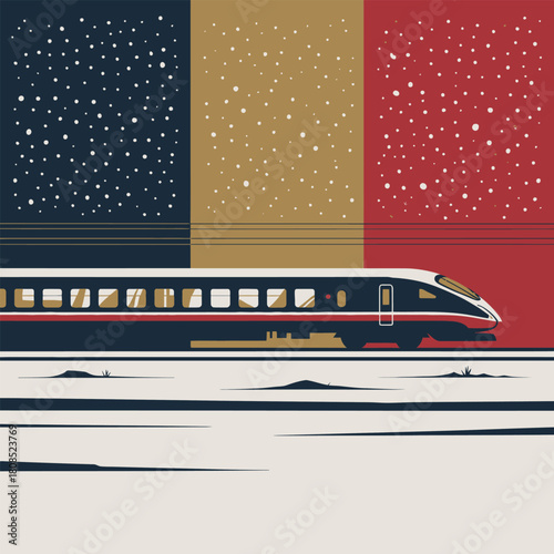 Sleek dark blue high-speed train moving on a white track with abstract colored panels