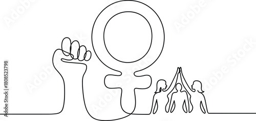 Female symbol raised fist and supportive women continuous line art