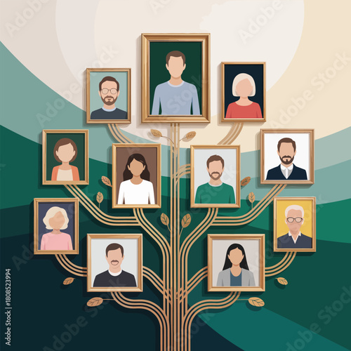 Stylized family tree illustration with diverse portraits in frames Keywords: family tree