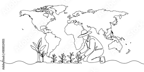 A single continuous line of a farmer planting crops with a world map in the background, symbolizing food security and global crisis, vector illustrator