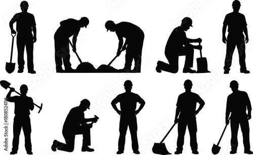 Construction worker silhouette, manual labor, tool usage, digging action, kneeling pose, black outline, white background, industrial task, job site, teamwork