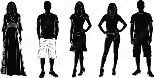 Silhouette illustration of people, fashion poses, black vector, clothing styles, outfit comparison, posture design, character modeling, artwork