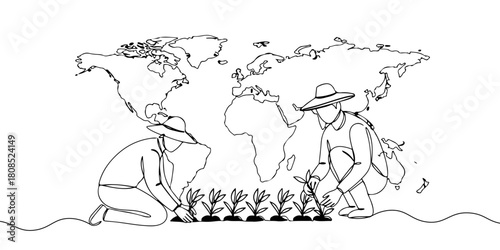 A single continuous line of a farmer planting crops with a world map in the background, symbolizing food security and global crisis, vector illustrator