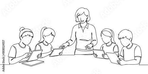 A single continuous line of a teacher using a tablet with students, symbolizing the adaptation of technology in the education sector, vector illustrator
