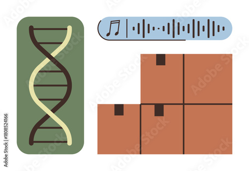 DNA helix, soundwave graphic with music note, and stack of brown boxes. Ideal for science, data analysis, sound engineering, packaging, storage, biotechnology and synthesis simple flat metaphor