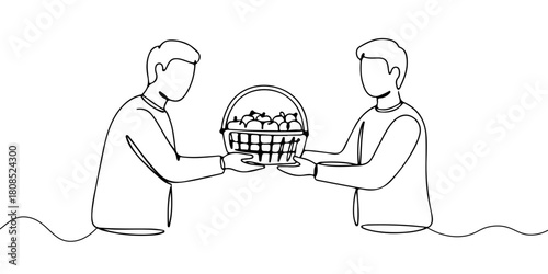 A single continuous line of a person sharing goods with a neighbor, symbolizing the sharing economy, vector illustrator