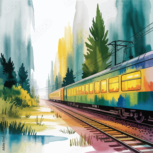 Train Traveling on Tracks Through a Watercolor Landscape Keywords: train, railway, tracks