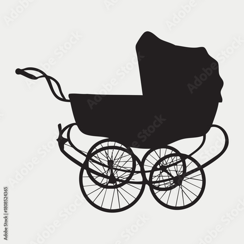 Vintage baby carriage silhouette vector illustration, isolated antique transportation object for disability and care