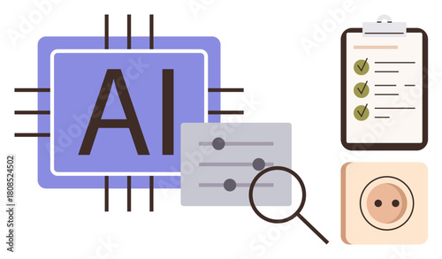 AI microchip, settings sliders, checklist with checkmarks, magnifying glass, and abstract representation of a plug. Ideal for technology, automation, innovation, research data analysis