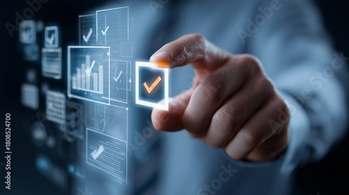 High resolution image of a hand pressing a digital approval button on a touch screen, surrounded by check marks and floating graphs.
