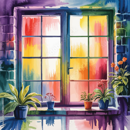 Vibrant Watercolor Window with Potted Plants and Colorful Light graphic design