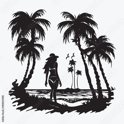 Tropical beach sunset silhouette of a loving couple and palm tree vector illustration