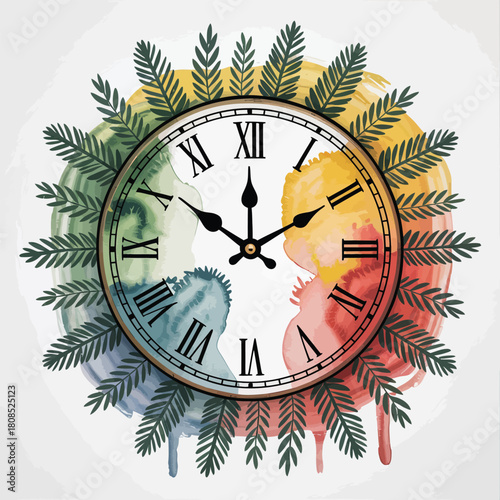 Vintage Clock Face Surrounded by Colorful Watercolor Leaves and Branches roman numerals