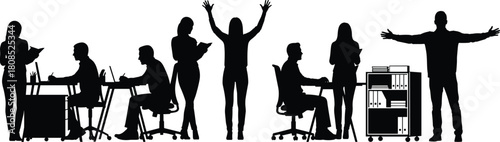 Set of black silhouettes of business people working in office, sitting at desks, celebrating success, and holding files, vector illustration.