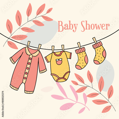 Pink baby clothes on a rope line illustration for a newborn shower invitation card