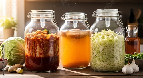 Homemade fermented foods: kimchi, kombucha, and sauerkraut preparation.