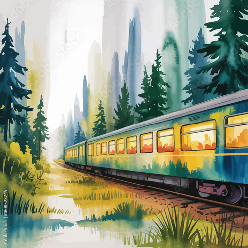 Watercolor train traveling through a lush green forest landscape railway trees