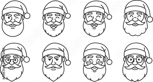 Eight cartoon santa claus faces with different expressions and glasses isolated on
