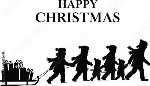 Happy christmas card with silhouette of family pulling sleigh isolated on
