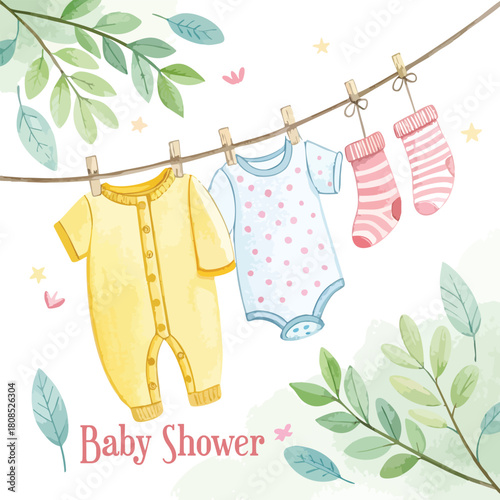 Baby newborn clothes and socks hanging on a clothesline for drying