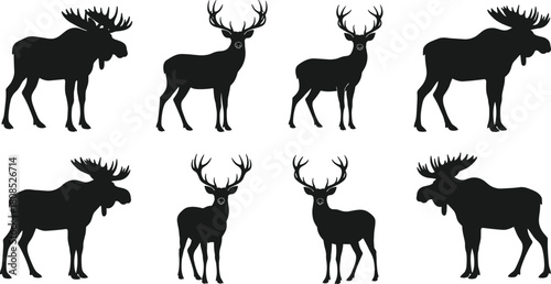Set of black silhouettes of deer and moose with large antlers, wild forest animals vector illustration, isolated on white background.