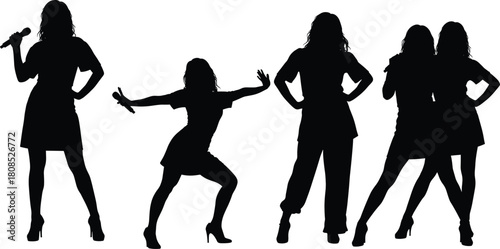 Female silhouette, performance pose, dancing motion, singing gesture, microphone stance, high heels, expressive figure, black outline, stage vibe, entertainment