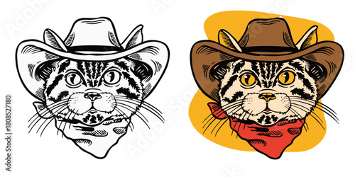 A Cowboy Cat Head Wearing A Bandana Hand drawn Illustration