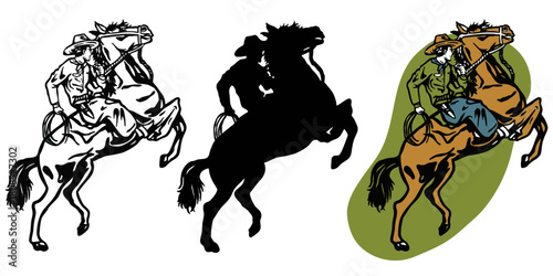 A cowboy riding a bucking horse while holding a lasso