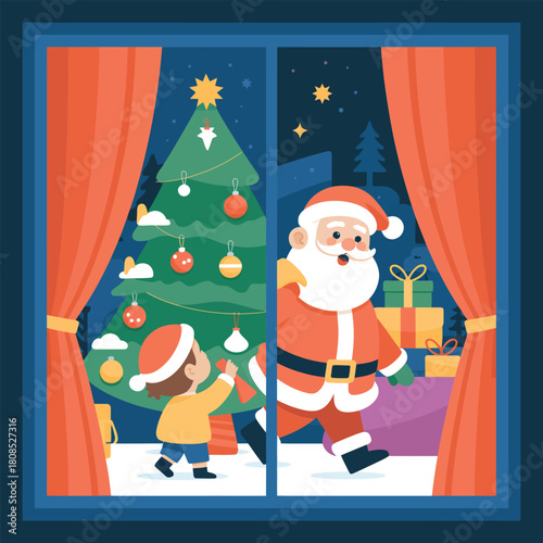 Child decorating Christmas tree visible through window as Santa arrives santa claus