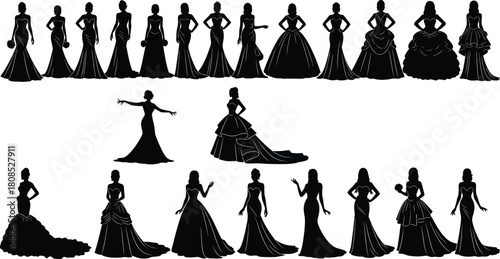 Women dress silhouette illustration, formal gown styles, fashion vector, black design, outfit comparison, modeling poses, elegant artwork