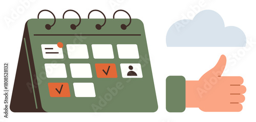 Green desk calendar highlighting completed tasks with checkmarks, orange accents, cloud icon, and thumbs-up gesture. Ideal for planning, scheduling, organization, success, productivity reminders