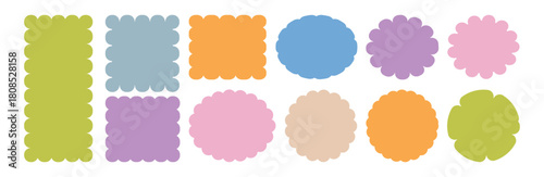 Collection of Zigzag wavy shape frames. Colorful Scallop Frame Wavy Retro Stickers . Geometric shapes with scallop and zigzag edges set.  Borders Tag Boxes. Vector illustration