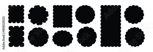 Collection of Zigzag wavy shape frames. Scallop Frame Wavy Retro Stickers . Geometric shapes with scallop and zigzag edges set.  Borders Tag Boxes. Vector illustration