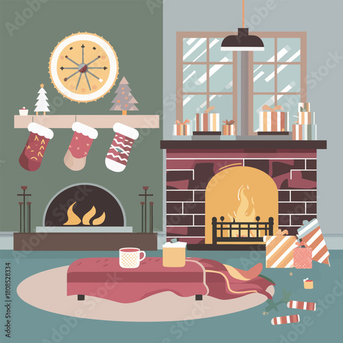 Cozy Christmas Living Room Scene with Fireplace and Gifts graphic design