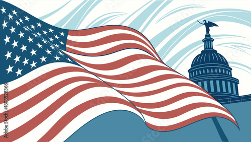 : Waving American Flag and US Capitol Building Illustration